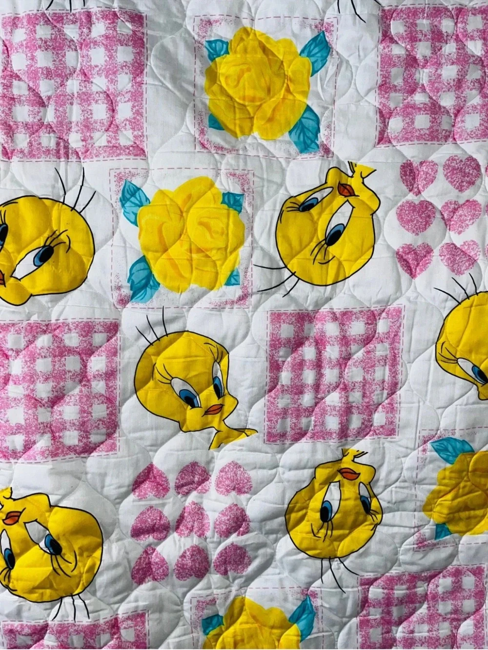 Vintage 90s Tweety Bird Head New Looney Tunes Quilt Baby Blanket Pink Hearts New